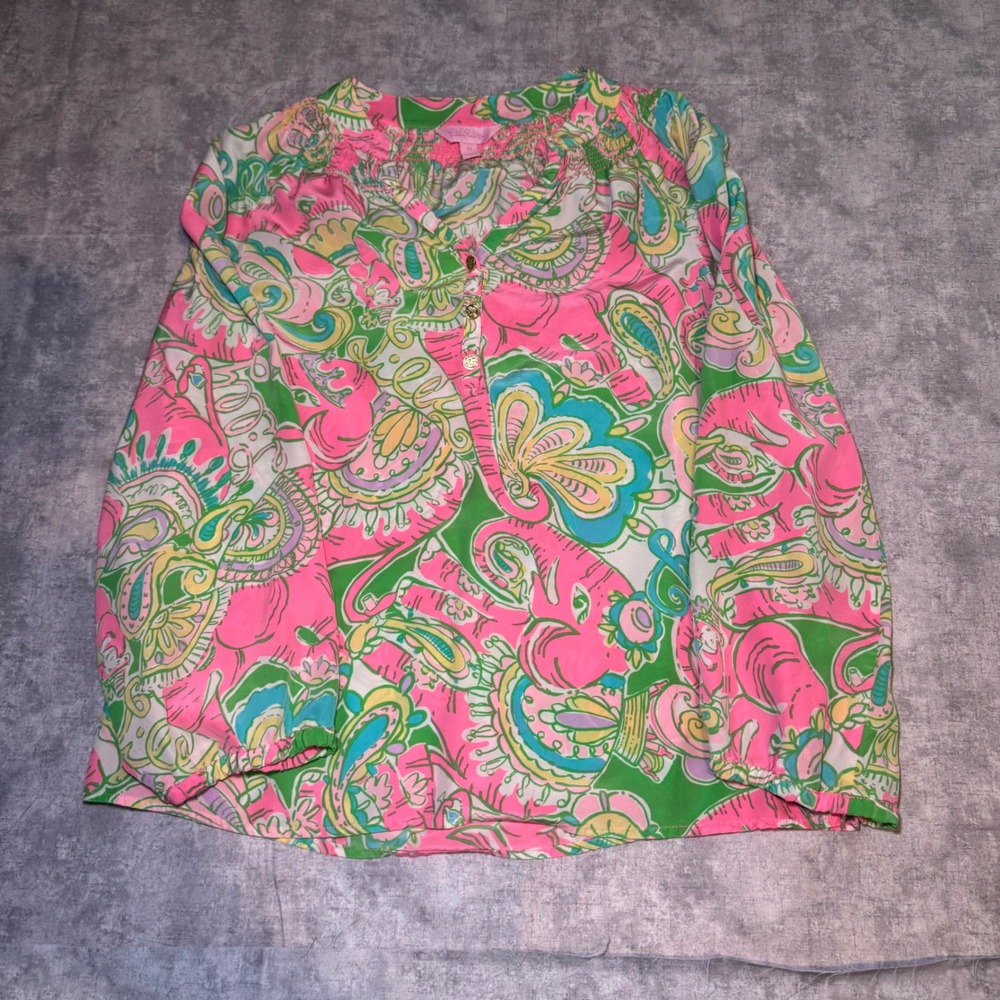 Lilly Pulitzer Elsa Silk Top Pink Green Elephant Paisley Smocked Blouse XS
